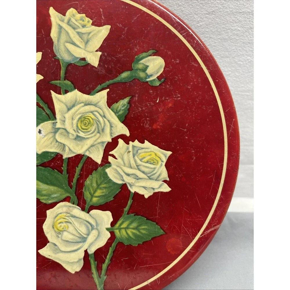 Vintage Red Rose Tin Container Flower Candy Cookie White Roses Storage Decor